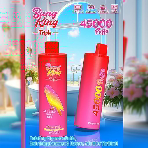 Two Colorful Bang King Triple Disposable Vape Devices Displayed In A Bright Room With Flowers And A Large Window; Text Highlights Features Like 45,000 Puffs, Three Flavors, 650Mah Battery, And Type-C Charging.