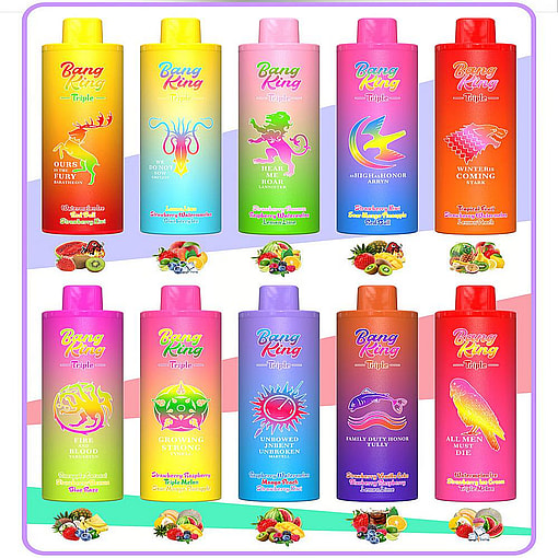 Ten Colorful Bottles Of Bang King Triple Vape Juice, Each Labeled With A Different Game Of Thrones House Reference, Displayed In Two Rows With Fruit Illustrations Beneath Them Indicating Various Flavors Such As Watermelon, Berries, Citrus, And Tropical Fruit.