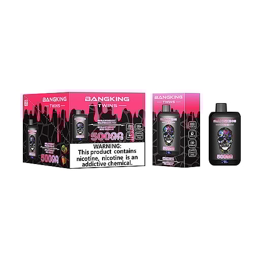 Bangking Twins Vape Product Packaging And Device Featuring Bold Branding, A Colorful Skull Graphic, And A Prominent Nicotine Warning Label.