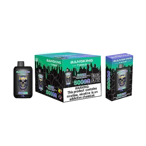 Bangking Twins Vaping Product Packaging Featuring A Colorful Skull Design, Product Box, And Device Labeled With 5000 Puffs And A Nicotine Warning.