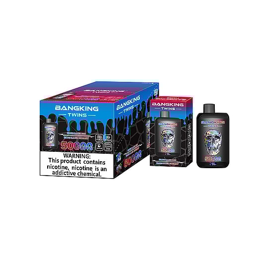 Bangking Twins Vaping Product Packaging, Featuring A Large Box, A Smaller Box, And A Vape Device With A Metallic Skull Graphic And Warning Label About Nicotine Content.