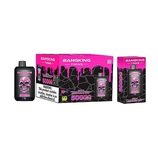Bangking Twins Vaping Product Packaging With A Prominent Pink Skull Graphic, Black And Pink Color Scheme, And Warning Label Indicating Nicotine Content.
