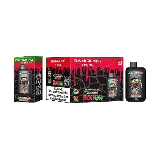 Bangking Twins Vaping Product Packaging Featuring A Black Device With A Colorful Skull Graphic, Alongside Single And Multi-Pack Boxes, With A Nicotine Warning Label.