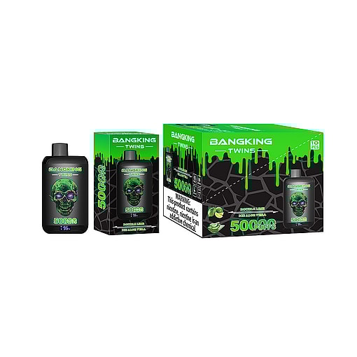 Bangking Twins E-Cigarette Packaging And Device With A Green Skull Design, Prominently Labeled For 5000 Puffs And Aloe Vera Lime Flavor, Featuring Nicotine Warning And Bright Green And Black Color Scheme.