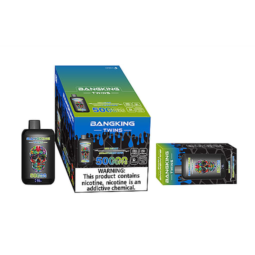 Bangking Twins Vape Product Packaging Featuring A Black Device With A Colorful Skull Design, Prominently Displaying &Quot;50,000 Puffs&Quot; And A Nicotine Warning Label.