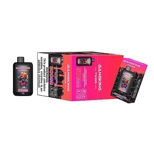 Bangking Twins Disposable Vape Device And Packaging Featuring A Colorful Skull Design With Pink And Black Branding And A Nicotine Warning Label.