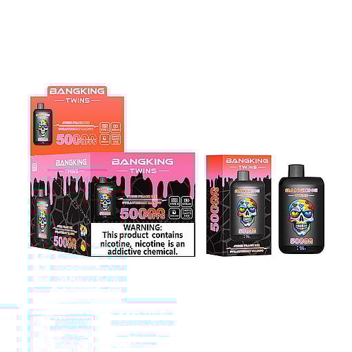Bangking Twins Vape Packaging And Device Featuring A Colorful Sugar Skull Design, Labeled With 5000 Puffs, Juice Peach Ice Flavor, And A Nicotine Warning.