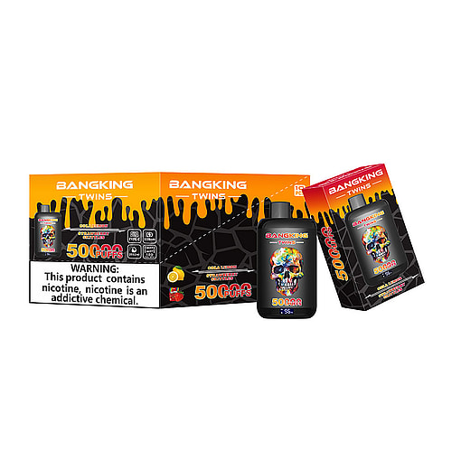 Bangking Twins Disposable Vape Product Packaging Featuring A Colorful Skull Design, Bold Text Stating '50,000 Puffs', Fruit Flavor Illustrations, And A Nicotine Addiction Warning Label.