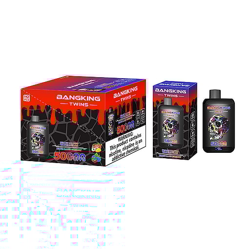 Bangking Twins Vaping Product Packaging Featuring A Black Device With A Colorful Skull Graphic, With Large Red And Black Boxes Showing 50,000 Puffs And A Nicotine Addiction Warning.