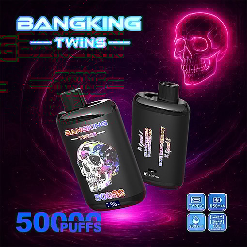 Promotional Image For Bangking Twins Disposable Vape Featuring Two Black Vape Devices With A Colorful Skull Design, Neon Digital Skull Artwork In The Background, And Highlights Of Key Features Like 50,000 Puffs, Type-C Charging, 650Mah Battery, And Dual Mesh Coils.