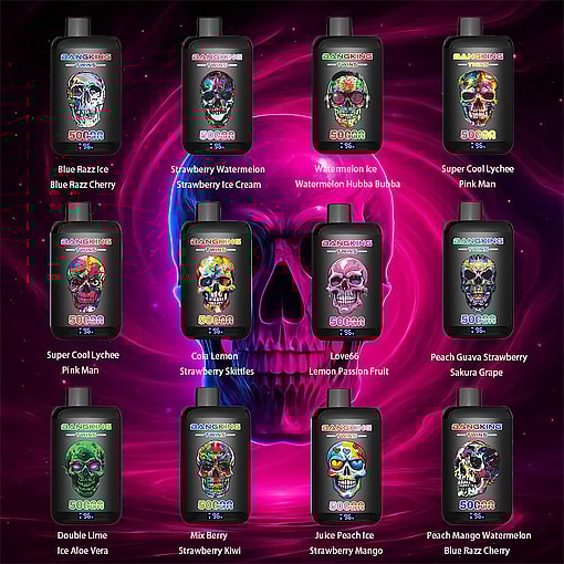 Collection Of Bangking Twins Vape Devices With Colorful Skull Designs On Each, Set Against A Glowing Pink Skull Background, Displaying Various Flavor Names Such As Blue Razz Ice, Strawberry Watermelon, Watermelon Ice, And Others.