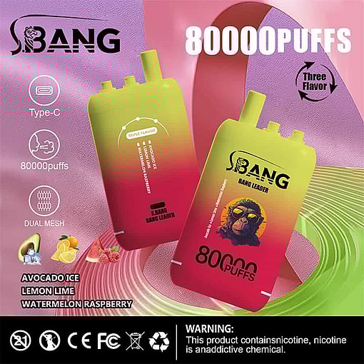 Colorful Advertisement For Sbang Disposable Vape Devices With Gradient Yellow And Red Design, Showing Product Features Like 80,000 Puffs, Type-C Charging, Dual Mesh, And Three Flavors: Avocado Ice, Lemon Lime, And Watermelon Raspberry.