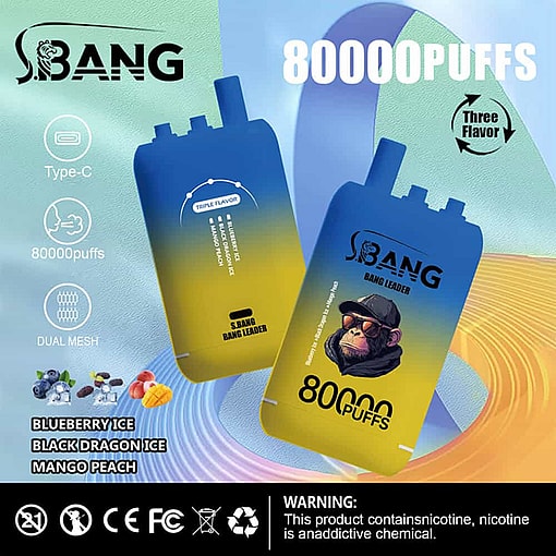 Advertisement For Sbang Bang Leader Vape Device With 80,000 Puffs, Featuring Two Devices, Flavors (Blueberry Ice, Black Dragon Ice, Mango Peach), Product Features, And A Nicotine Warning Label.