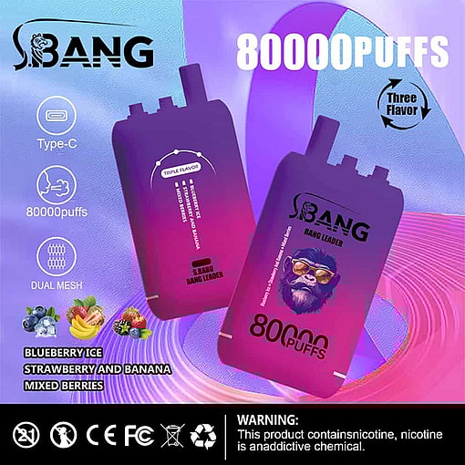 Promotional Image For S.bang Bang Leader Disposable Vape, Highlighting 80,000 Puffs, Three Flavors (Blueberry Ice, Strawberry And Banana, Mixed Berries), Type-C Charging, Dual Mesh, Safety Symbols, And A Nicotine Warning.