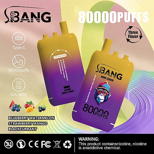 Colorful Advertisement For S Bang Brand Vape Device Featuring Two Gradient Yellow And Purple Devices, Highlighting Features Like Type-C Charging, 80000 Puffs, Dual Mesh, And Flavors Blueberry Watermelon, Strawberry Mango, And Blackcurrant, With A Nicotine Warning At The Bottom.