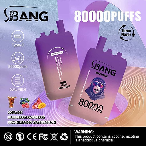 Promotional Image For Sbang Disposable Vape Featuring Two Gradient Purple Vape Devices, Product Features Like 80000 Puffs And Three Flavors, Flavor Icons For Cola Ice, Blueberry Raspberry, And Peach Mango Watermelon, And A Nicotine Addiction Warning At The Bottom.