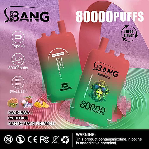 Promotional Image For Sbang Bang Leader Disposable Vape Featuring Two Red And Green Gradient Devices, A Stylized Monkey Logo, And Text Highlighting 80,000 Puffs, Triple Flavors (Kiwi Guava, Lychee Ice, Mango Peach Pineapple), And A Nicotine Warning.