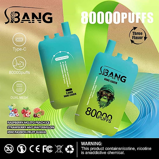 Colorful Advertisement For Sbang Disposable Vapes Featuring Two Vape Devices, Highlighting 80,000 Puffs Capability, Three Flavors (Raspberry Mojito Peach Ice, Strawberry And Watermelon, Kiwi Passion Fruit Guava), Type-C Charging, And A Warning That The Product Contains Nicotine.