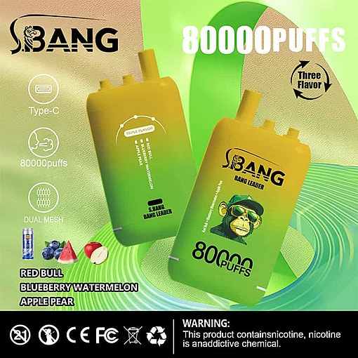Colorful Promotional Graphic Featuring Two Sbang Bang Leader Vape Devices With Three Flavors—Red Bull, Blueberry Watermelon, And Apple Pear—Highlighting 80,000 Puffs, Dual Mesh, Type-C Charging, Icons Indicating Product Features, Flavor Images, And A Nicotine Warning At The Bottom.