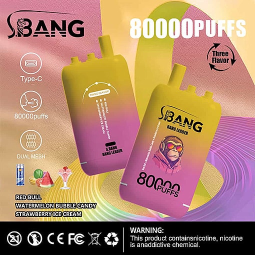 Colorful Promotional Image For S.bang Bang Leader Disposable Vape, Featuring Two Gradient Yellow-And-Pink Vape Devices, Product Features Like 80,000 Puffs, Type-C Charging, Three Flavors (Red Bull, Watermelon Bubble Candy, Strawberry Ice Cream), And A Nicotine Warning.