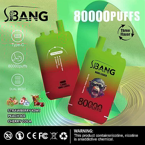 Promotional Image For Sbang Disposable Vape Devices Advertising 80,000 Puffs, Three Flavors (Strawberry Kiwi, Peach Ice, Cherry Cola), And Features Such As Type-C Charging And Dual Mesh, With Colorful Devices And Product Icons Displayed On A Green Background.