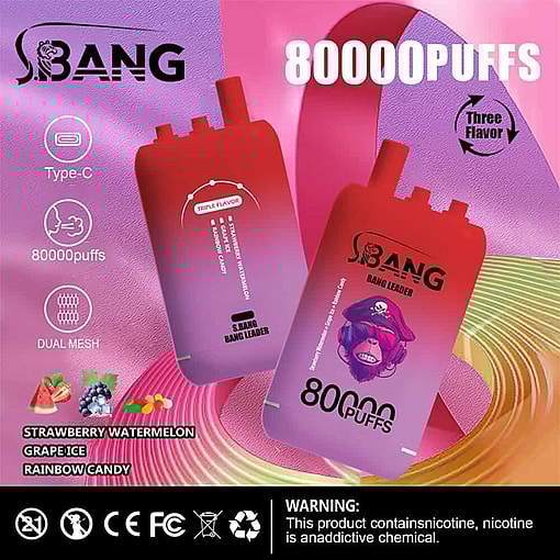 Colorful Advertisement For Sbang Disposable Vape With 80,000 Puffs, Showcasing A Red And Purple Device, Highlighting Features Like Triple Flavors (Strawberry Watermelon, Grape Ice, Rainbow Candy), Type-C Charging, Dual Mesh Coil, And A Nicotine Warning.
