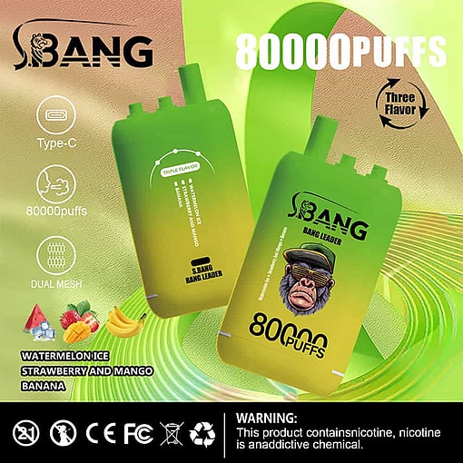 Advertisement For Sbang Bang Leader Vaping Device Featuring Two Green And Yellow Vape Pods, Flavor Options Including Watermelon Ice, Strawberry And Mango, And Banana, With Product Features Like 80,000 Puffs, Type-C Charging, And A Nicotine Warning Label.