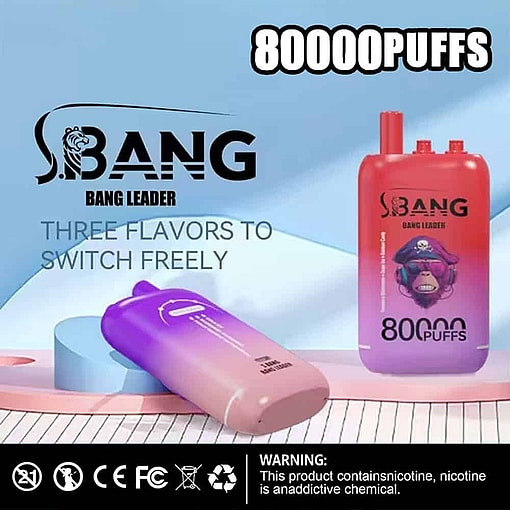 Promotional Image For The S.bang Leader 80000 Disposable Vape, Featuring Two Colorful Devices, Highlighted Text Advertising 80,000 Puffs And Three Switchable Flavors, And A Warning About Nicotine Addiction.