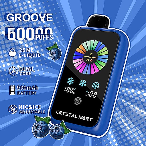 Blue And Black Electronic Vaping Device Labeled 'Crystal Mary' With A Display Screen, Surrounded By Blueberries, And Promotional Text Highlighting 50000 Puffs, 28Ml E-Liquid Capacity, Dual Core, 900Mah Battery, And Adjustable Nicotine And Ice Levels.