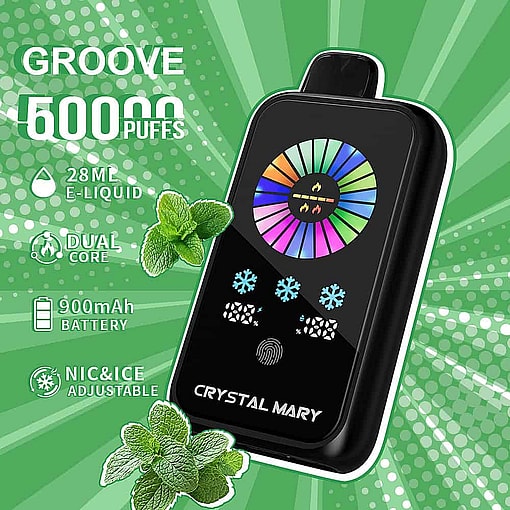 Crystal Mary Groove Vape Device With A Digital Display, Surrounded By Mint Leaves And Text Highlighting 50000 Puffs, 28Ml E-Liquid, Dual Core, 900Mah Battery, And Adjustable Nicotine And Ice Settings On A Green Background.