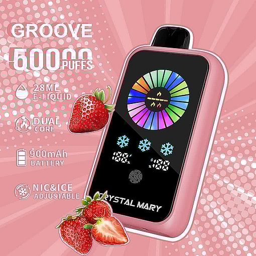 Pink Crystal Mary Vape Device With A Digital Display, Surrounded By Strawberries, And Text Highlighting 50000 Puffs, 28Ml E-Liquid, Dual Core, 900Mah Battery, And Adjustable Nicotine And Ice Settings.