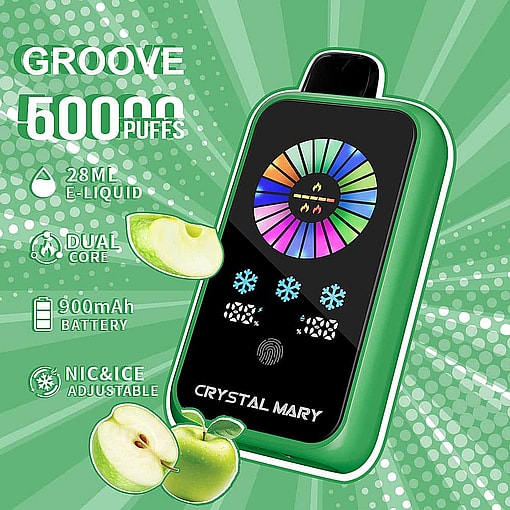 Advertisement For The Crystal Mary Groove Vape, Featuring A Green Device With A Digital Display, Green Apple Graphics, And Specifications Including 50000 Puffs, 28Ml E-Liquid, Dual Core, 900Mah Battery, And Adjustable Nicotine And Ice Settings, Set Against A Green, Dotted Background.