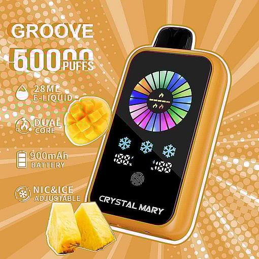 Promotional Image For A Crystal Mary Disposable Vape Device In Orange, Featuring A Digital Display, With Icons And Text Highlighting 50000 Puffs, 28Ml E-Liquid, Dual Core, 900Mah Battery, And Adjustable Nicotine And Ice, With Mango And Pineapple Pieces Shown.