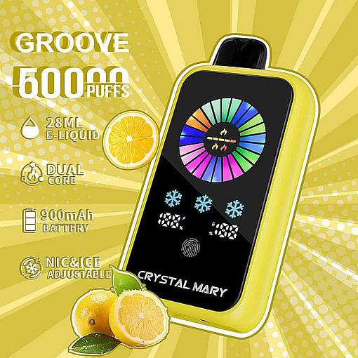 Yellow And Black Vape Device Labeled &Quot;Crystal Mary Groove&Quot; With A Colorful Display Screen, Icons For 28Ml E-Liquid, Dual Core, 900Mah Battery, Adjustable Nicotine And Ice Levels, And Images Of Lemons On A Yellow Graphic Background.