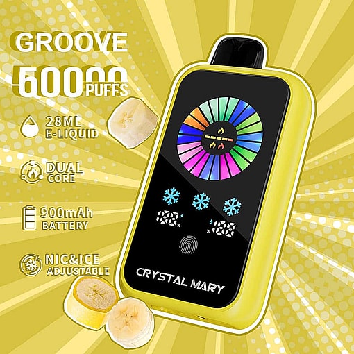 Promotional Image For The Yellow Crystal Mary Groove Vape Device Featuring Banana Slices And Key Features Including 50000 Puffs, 28Ml E-Liquid, Dual Core, 900Mah Battery, And Adjustable Nicotine And Ice Settings.