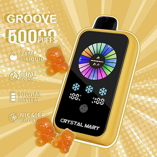Promotional Image Of A Yellow Crystal Mary Vape Device With A Colorful Digital Display, Surrounded By Graphics Of Gummy Bears And Product Features Such As 50000 Puffs, 28Ml E-Liquid, Dual Core, 900Mah Battery, And Adjustable Nicotine And Ice Levels.