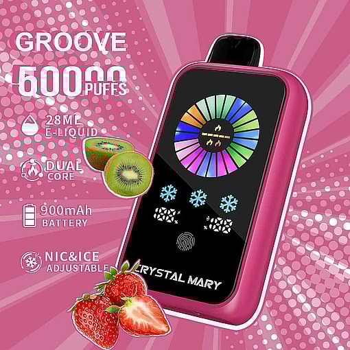 Advertisement For A Pink Crystal Mary Vape Device With A Colorful Digital Display, Surrounded By Strawberries And Kiwis, And Key Features Listed Such As 50000 Puffs, 28Ml E-Liquid, Dual Core, 900Mah Battery, And Adjustable Nicotine And Ice.
