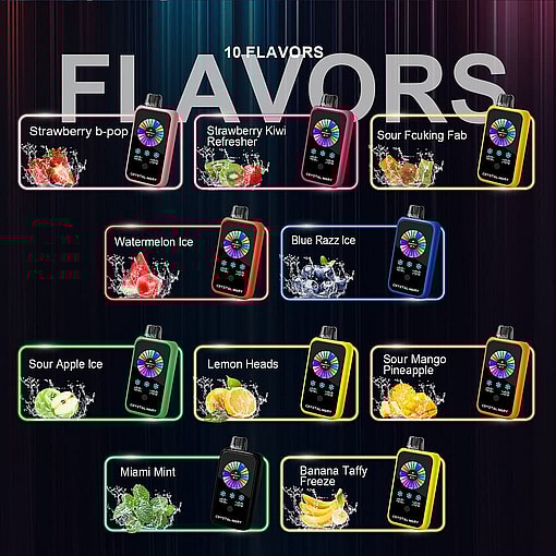 Display Of Ten Colorful Vape Devices, Each Labeled With A Different Flavor Such As Strawberry B-Pop, Strawberry Kiwi Refresher, Sour Fucking Fab, Watermelon Ice, Blue Razz Ice, Sour Apple Ice, Lemon Heads, Sour Mango Pineapple, Miami Mint, And Banana Taffy Freeze, With Corresponding Fruit Images And Neon-Lit Outlines On A Dark Striped Background.
