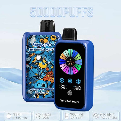 Two Blue Mvape Crystal Mary Groove 50000 Disposable Vape Devices, One Displaying A Colorful Digital Screen, With Product Features And Branding Visible.