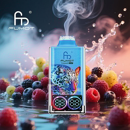 Colorful Fumot Leopard 40K Vape Device With A Digital Display And A Leopard Illustration, Emitting Vapor, Surrounded By Assorted Berries And Splashing Water.