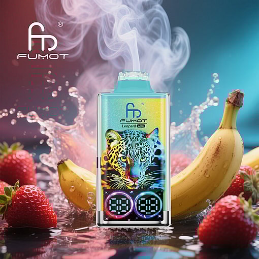 Colorful Fumot Leopard 40K Vape Device Emitting Vapor, Surrounded By Strawberries, Bananas, And Water Splashes, With A Vivid Leopard Graphic On Its Front.