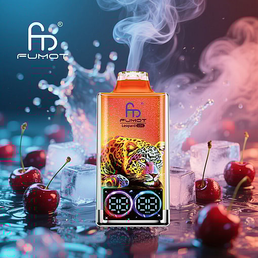Colorful Fumot Leopard 40K Vape Device With A Leopard Graphic, Surrounded By Cherries And Ice Cubes On A Wet Surface, With Vapor Rising In The Background.