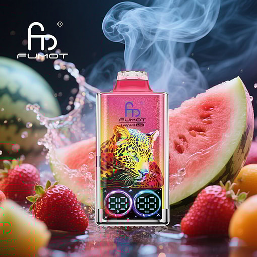 Colorful Fumot Vape Device Featuring A Leopard Graphic, Surrounded By Strawberries, Watermelon, Oranges, And Swirling Vapor.
