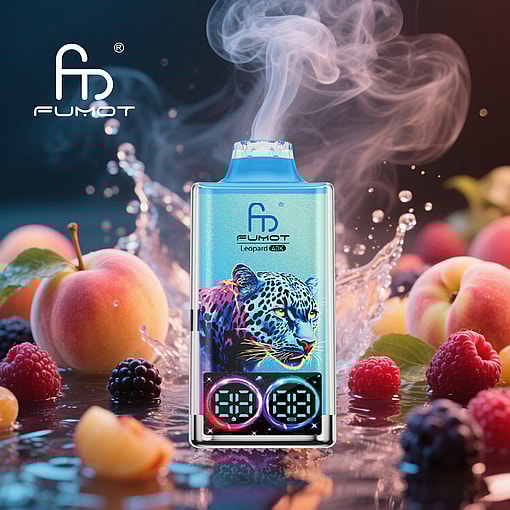 A Vibrant Vape Device With A Blue Cap, Digital Displays, And A Neon Leopard Illustration, Surrounded By Splashing Water And Mixed Fruits Like Peaches, Raspberries, And Blackberries On A Reflective Surface.