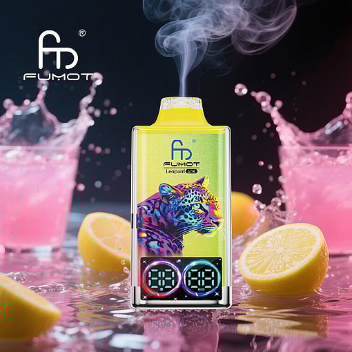 A Fumot Leopard 40K Vape Device With A Colorful Leopard Illustration, Emitting Vapor, Placed Among Lemon Halves And Splashes Of Pink Liquid In A Vibrant Setting.