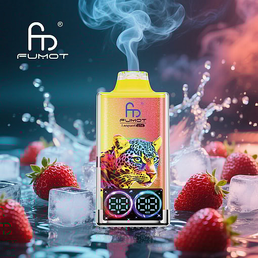 Colorful Fumot Vape Device With A Digital Display And A Vibrant Leopard Illustration, Surrounded By Strawberries And Ice Cubes With Vapor Rising Above.