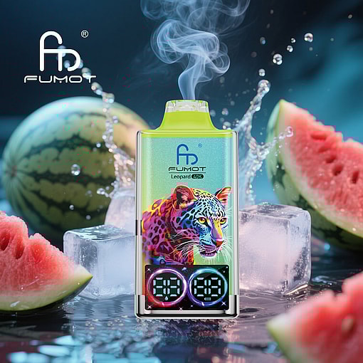 Colorful Fumot Vape Device With A Leopard Illustration, Digital Display, And Emitting Vapor, Surrounded By Ice Cubes, Watermelon Slices, And Splashing Water.
