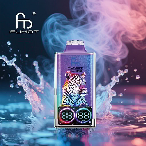 A Fumot Vape Device With A Colorful Leopard Illustration On The Front, Positioned Against A Dramatic Background Of Swirling Pink And Blue Smoke And Water Splashes.
