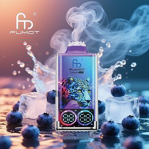 A Fumot Leopard 40K Vape Device With A Stylized Leopard Graphic, Surrounded By Blueberries And Ice Cubes, With Visible Vapor Clouds And A Digital Display On The Device.