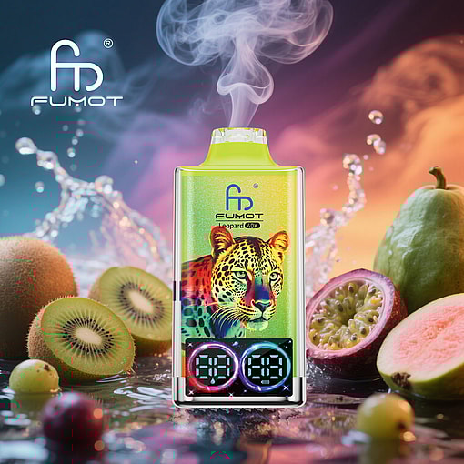 Colorful Fumot Leopard 40K Vape Device With A Vibrant Leopard Illustration, Surrounded By Splashing Fruit Including Kiwi, Guava, And Passionfruit, With Digital Display And Vapor Rising From The Top.